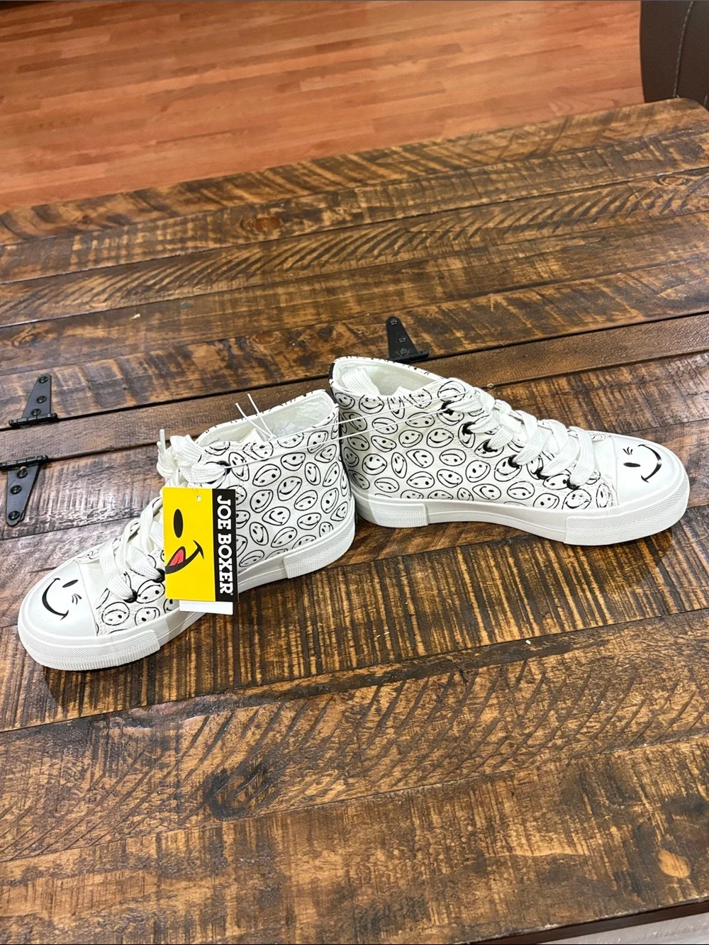 Joe Boxer White Canvas High-Top Sneakers with Black Smiley Pattern